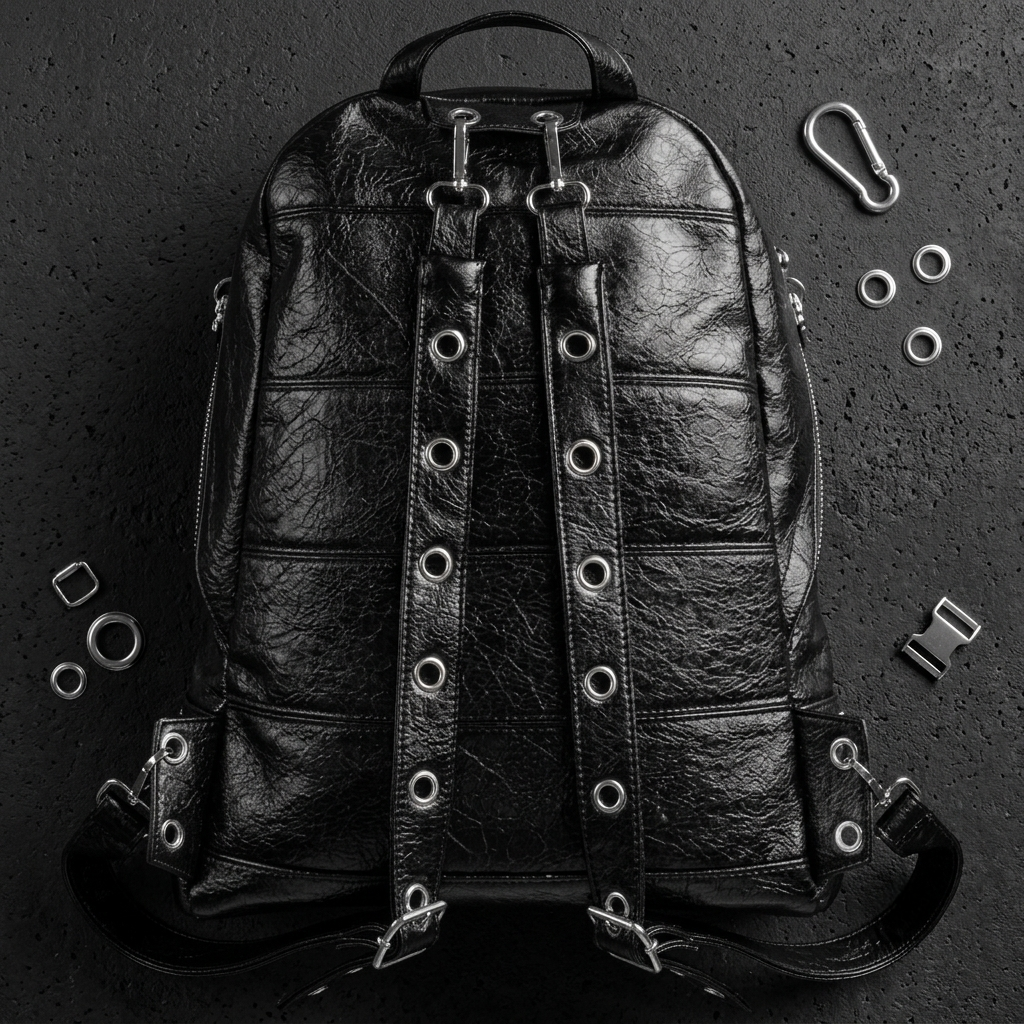 26SS Pierced Hardware Crackle Leather Backpack