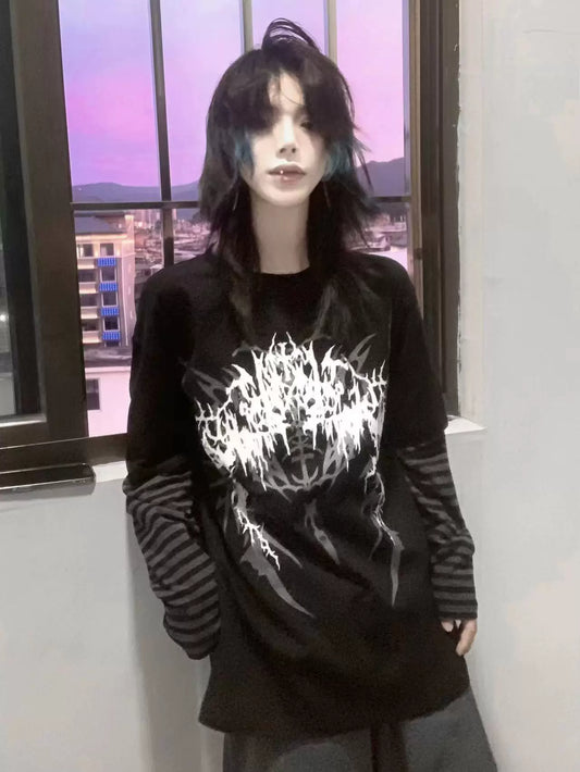 Alternative Grunge Archive: Dark Rock Graphic Layered-Look L/S Tee