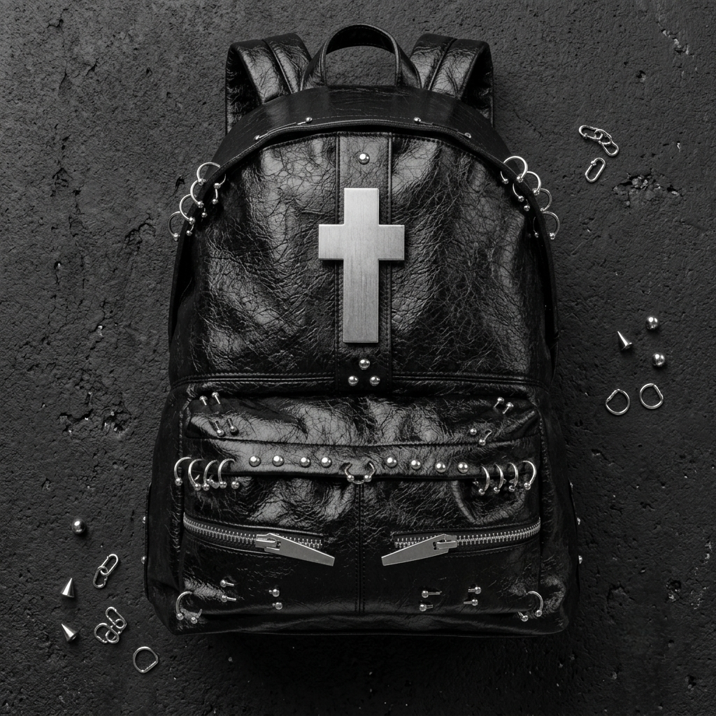 26SS Pierced Hardware Crackle Leather Backpack