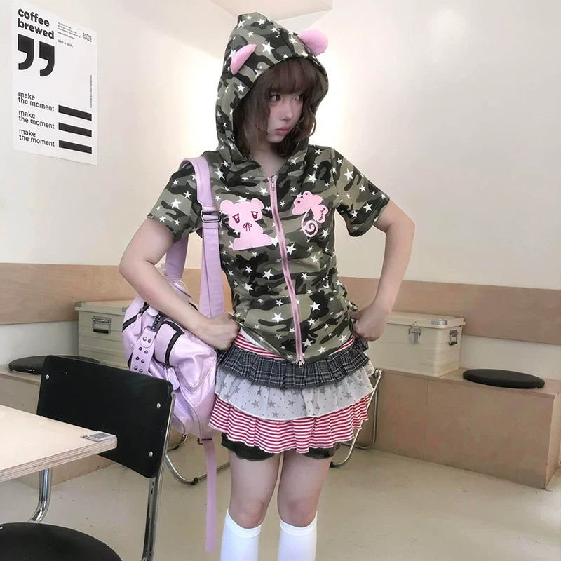 Women's Y2K Camo Hooded Short Sleeve T-Shirt
