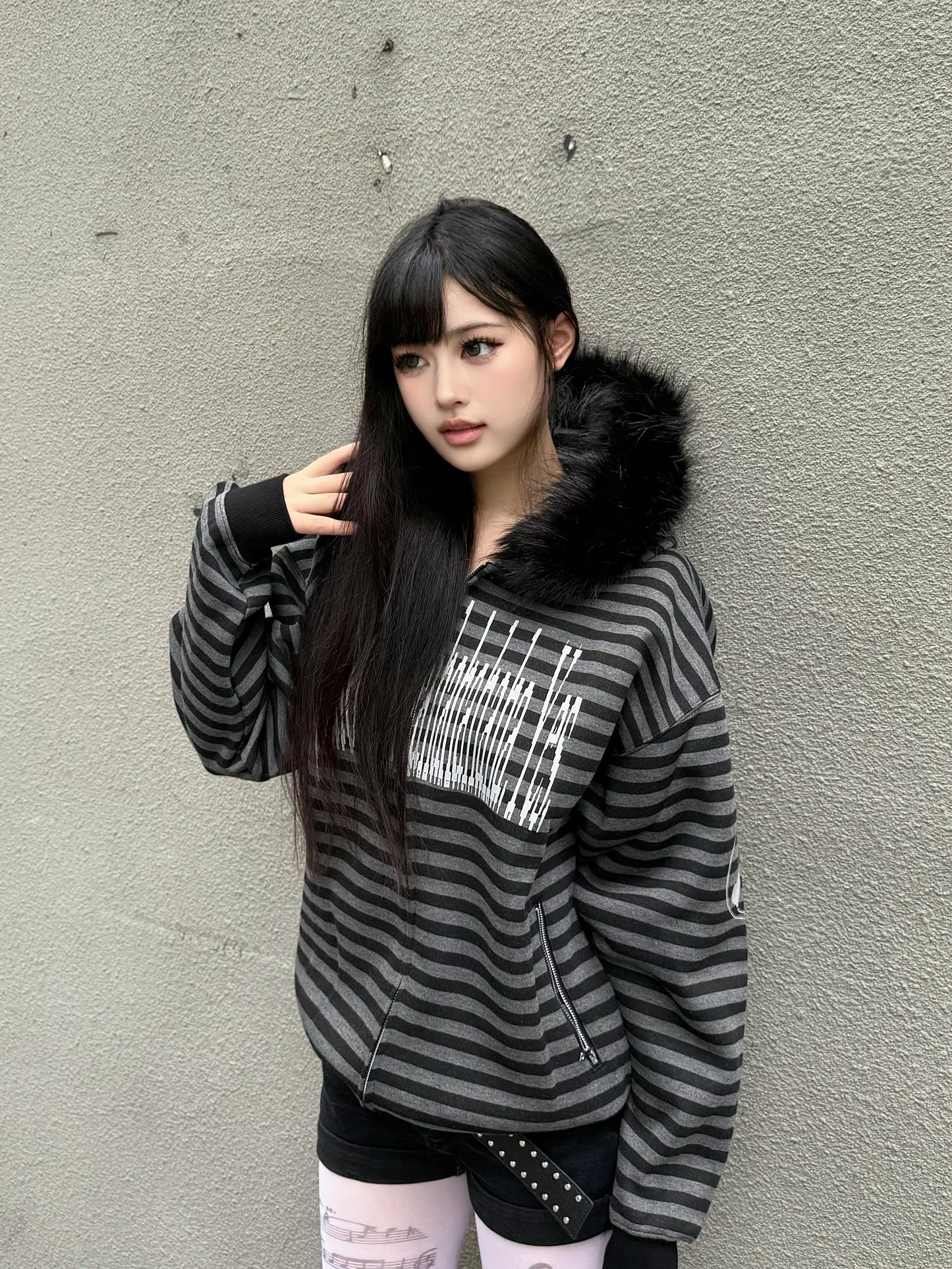 PAIKI [Music Antidote] Striped Fur-Trimmed Knit Hoodie