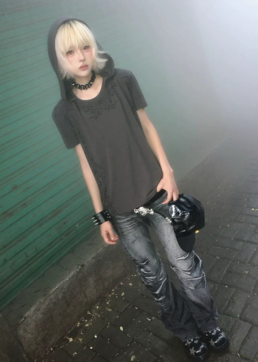 omen's Y2K Punk Allover Print Hooded Short Sleeve T-Shirt