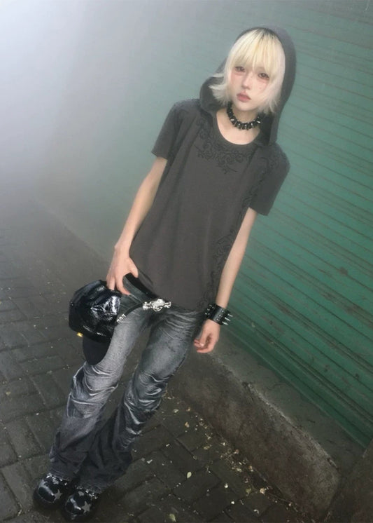 omen's Y2K Punk Allover Print Hooded Short Sleeve T-Shirt