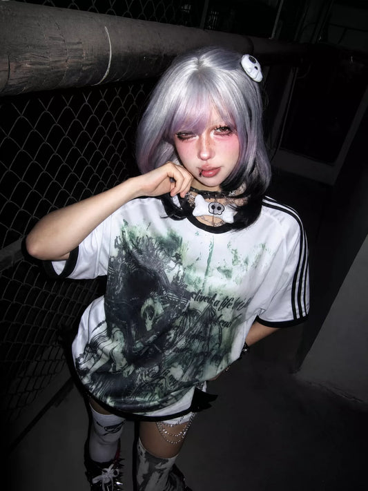 Empty Internet Cafe by WEBBAR: Y2K Goth "2D Graphic" Oversized S/S Soccer Top No.100-D