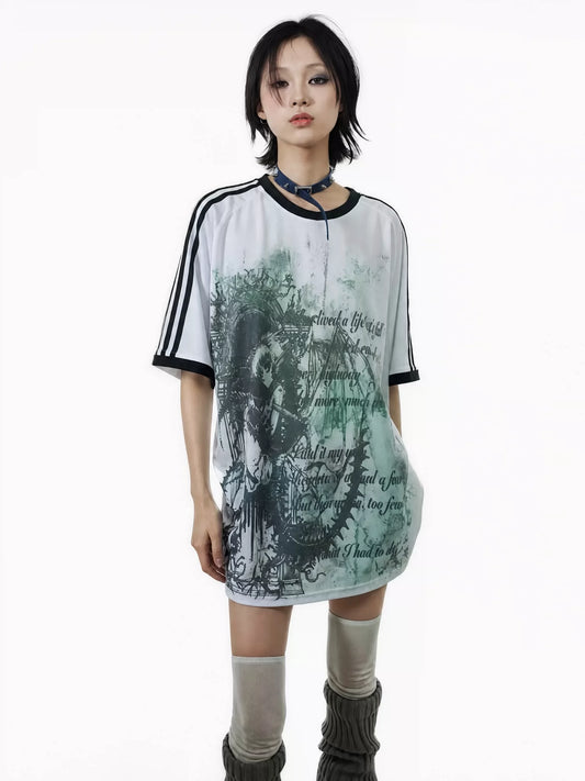 Empty Internet Cafe by WEBBAR: Y2K Goth "2D Graphic" Oversized S/S Soccer Top No.100-D