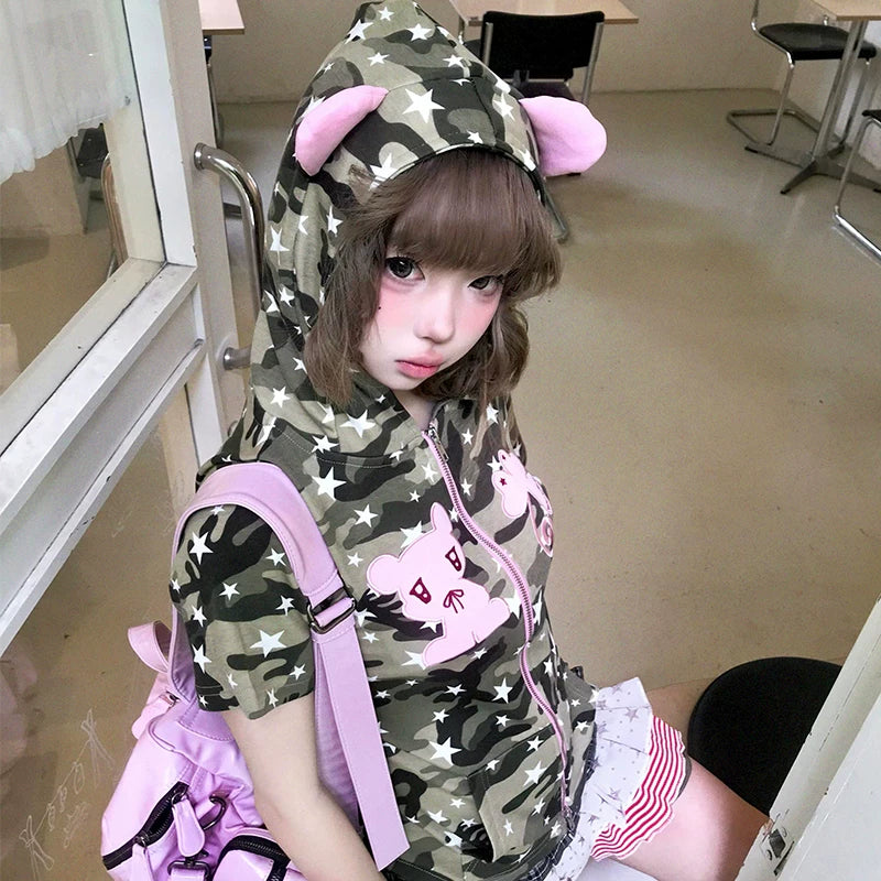 Women's Y2K Camo Hooded Short Sleeve T-Shirt
