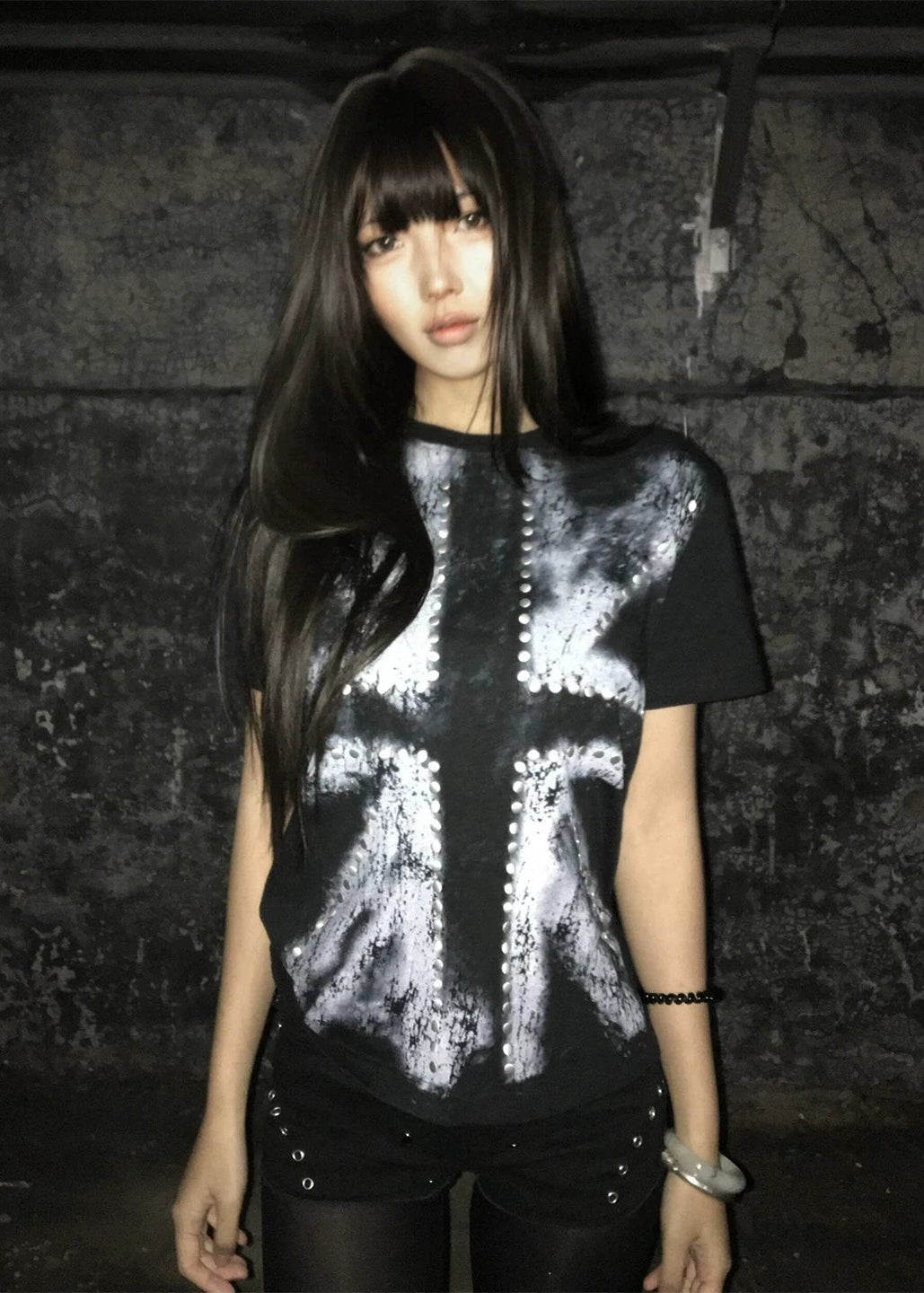 Women's Studded American Flag Cold-Shoulder Black T-Shirt