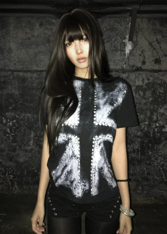 Women's Studded American Flag Cold-Shoulder Black T-Shirt