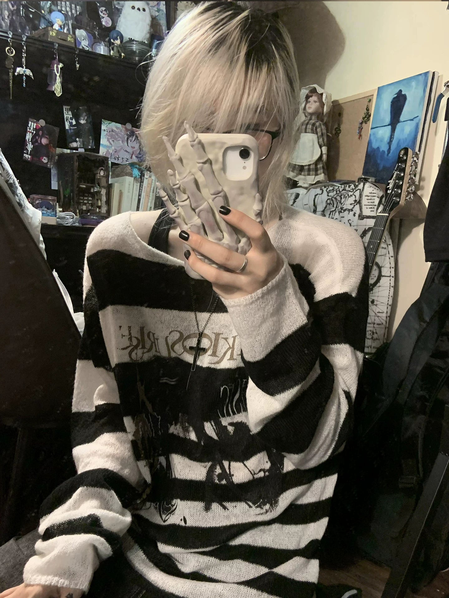 Y2K Monochrome Striped Cut-Out Knit