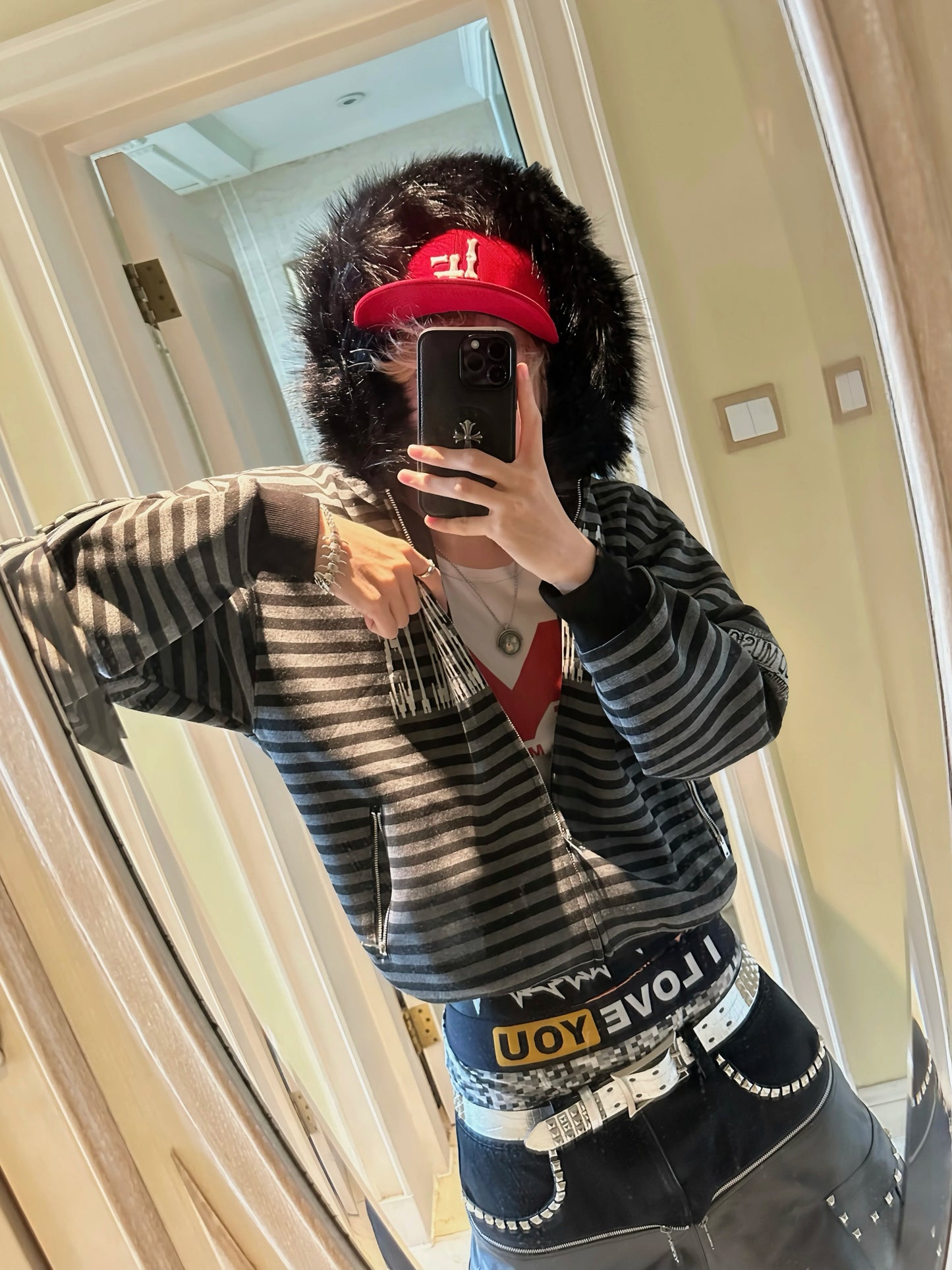 PAIKI [Music Antidote] Striped Fur-Trimmed Knit Hoodie